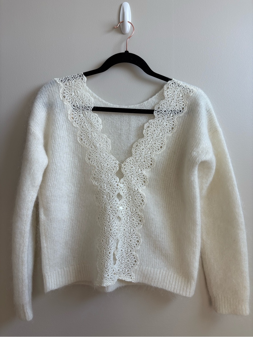 Sezane Cream V-Neck Sweater with Lace Trim